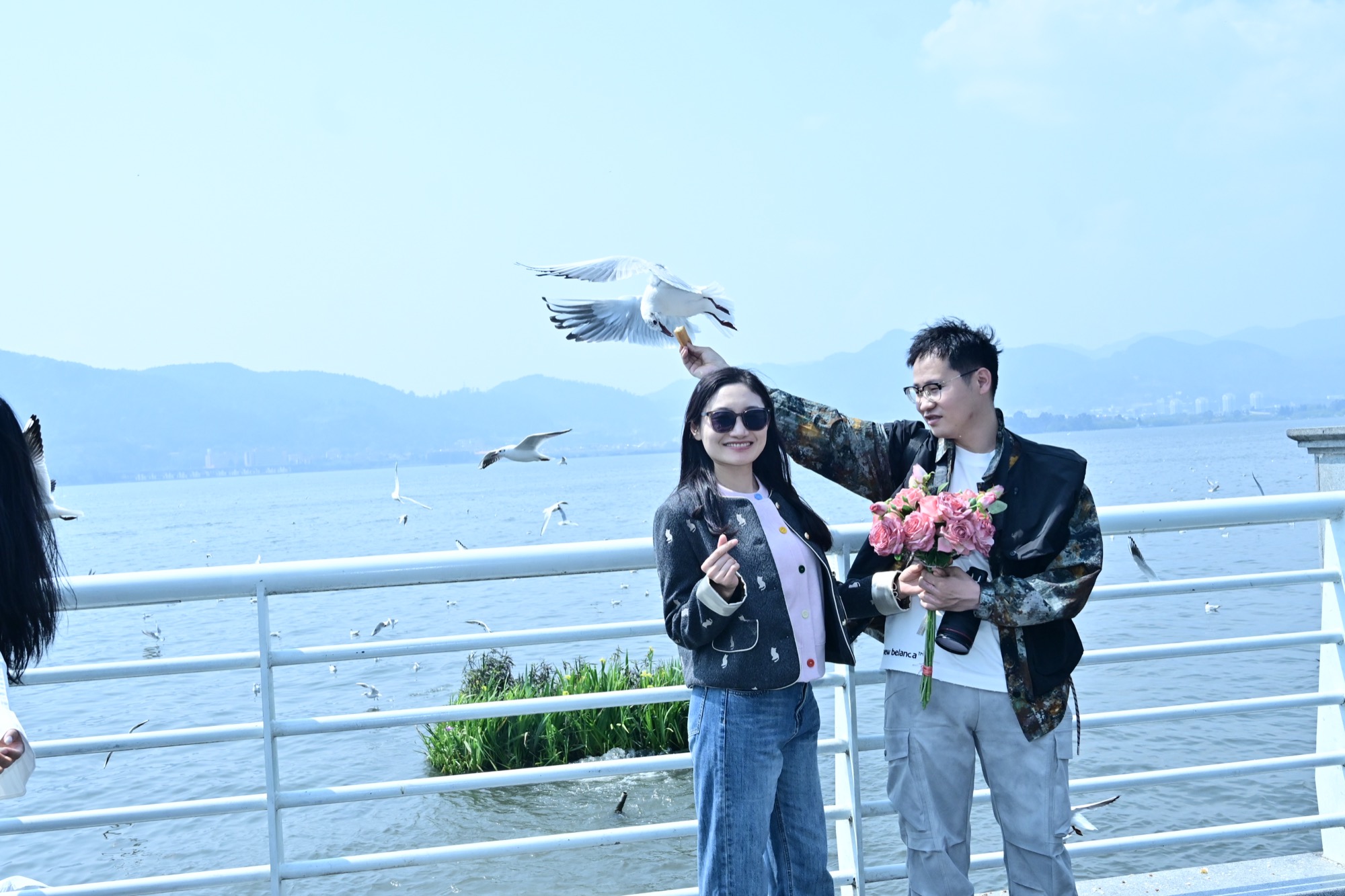 滇池大坝上，海鸥落向晶晶头顶，在领举着面包，手里还抱着一束玫瑰